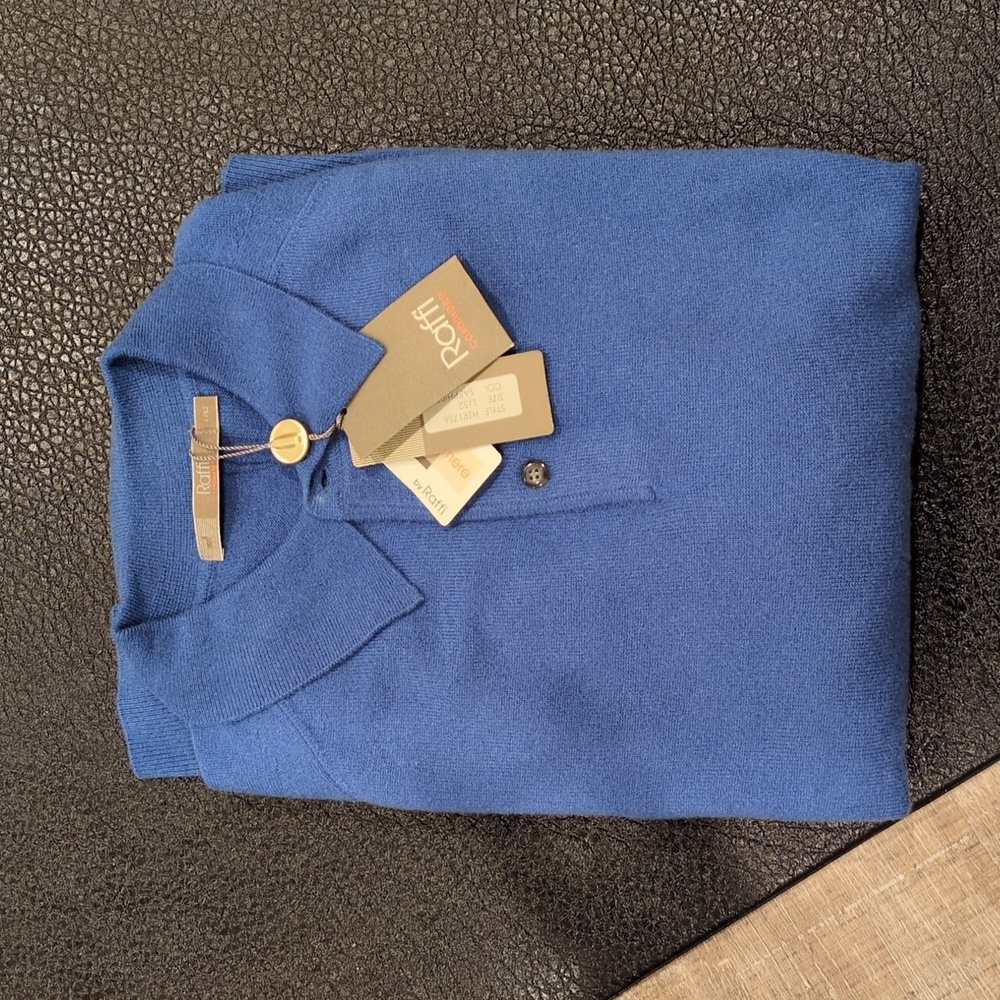 NWT Raffi cashmere polo sweater, large, blue